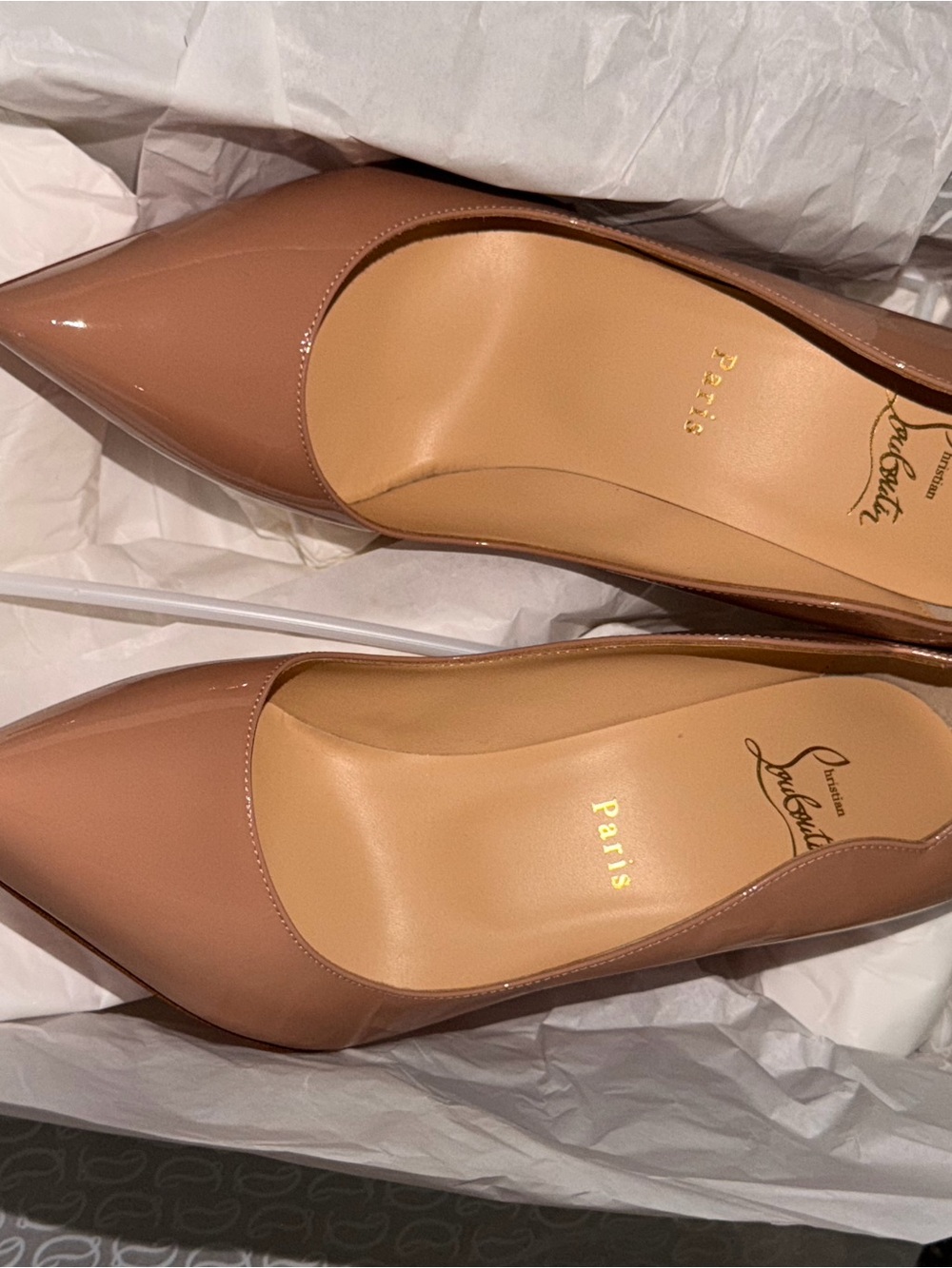 Christian Louboutin Patent Leather Pointed-Toe Pumps in Taupe